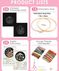 Two Pack Embroidery Kit For Grownups Beginner Friendly With Mushroom Pattern Hoops Tools Colorful Threads Needles And Step By Step Instructions DIY Starter Set displaying contents: stamped cloth, hoop, instructions, threads, and needles.