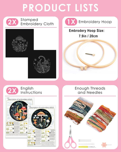 Two Pack Embroidery Kit For Grownups Beginner Friendly With Mushroom Pattern Hoops Tools Colorful Threads Needles And Step By Step Instructions DIY Starter Set displaying contents: stamped cloth, hoop, instructions, threads, and needles.