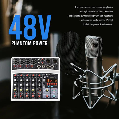 Six Channel Audio Mixer For Live Streaming Karaoke And Home Studio Recording with USB MP3 Bluetooth featuring 48V Phantom Power