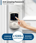 Heavy Duty Keyless Entry Keypad Door Lock With Handle Four Pack Electronic Deadbolts For Home Security Blue Backlight Touchscreen showing a hand entering a code.