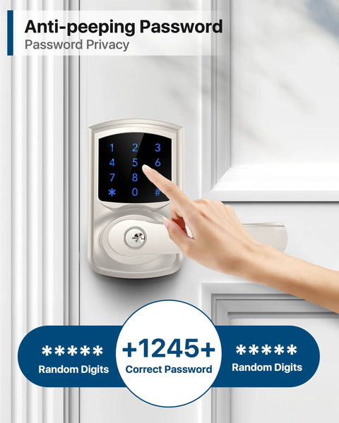 Heavy Duty Keyless Entry Keypad Door Lock With Handle Four Pack Electronic Deadbolts For Home Security Blue Backlight Touchscreen showing a hand entering a code.
