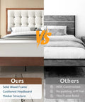 Top Shelf King Bed Frame Crafted From Solid Hardwood With A Fifty Inch Tall Tufted Linen Headboard And Rich Walnut Finish, comparing construction with others.