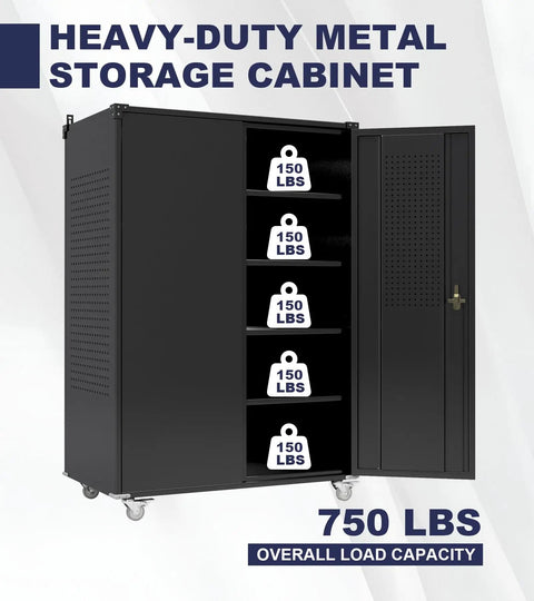 Heavy Duty Rolling Tool Cabinet With Lockable Doors And Pegboard, Rugged Metal Storage On Wheels, Open Doors, 750 lbs Capacity