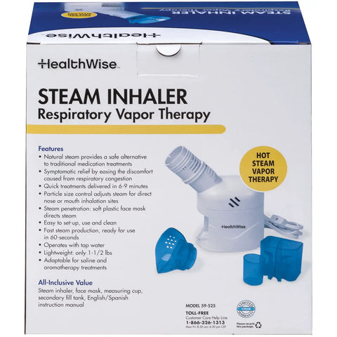 Box of All In One Steam Inhaler And Facial Steamer For Respiratory Relief with accessories shown, blue mask included