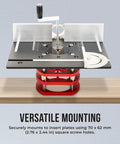 Adjustable Insert Plate Router Lift With Double Stainless Steel Support Rods For 64 To 66 Millimeter Trimming Machine Aluminum Under Table Base Hella Durable Badass Precision Woodworking Upgrade In Vibrant Red mounted on a woodworking table.