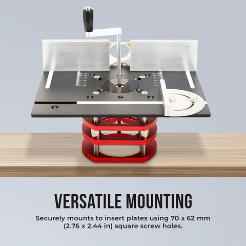 Adjustable Insert Plate Router Lift With Double Stainless Steel Support Rods For 64 To 66 Millimeter Trimming Machine Aluminum Under Table Base Hella Durable Badass Precision Woodworking Upgrade In Vibrant Red mounted on a woodworking table.