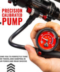 High Pressure 300 PSI Shock Pump For Mountain And Road Bikes With Schrader Valve No Leak Valve T Handle Front Fork And Rear Suspension Air Shock Tool Precise Dial Gauge For Quick Smooth Adjustments, red gauge close-up
