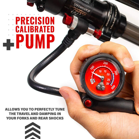High Pressure 300 PSI Shock Pump For Mountain And Road Bikes With Schrader Valve No Leak Valve T Handle Front Fork And Rear Suspension Air Shock Tool Precise Dial Gauge For Quick Smooth Adjustments, red gauge close-up
