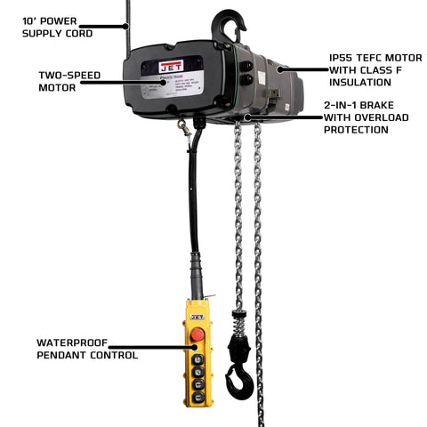 Heavy Duty Electric Chain Hoist With Slick Two Speed Trolley One Ton Capacity And Ten Foot Lift Range showing two-speed motor and pendant control.