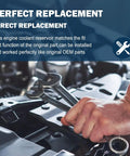 Hand holding wrenches over a car engine with Fresh Rad Blue Universal Coolant Reservoir Tank With One Liter Capacity Radiator Overflow Bottle.