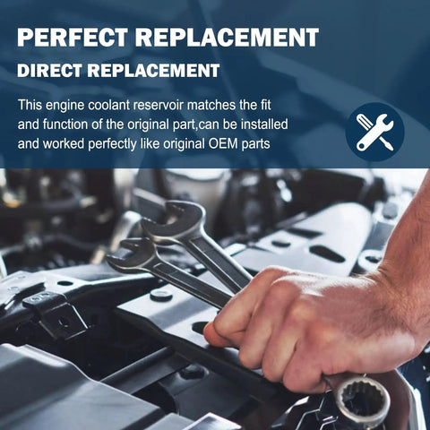 Hand holding wrenches over a car engine with Fresh Rad Blue Universal Coolant Reservoir Tank With One Liter Capacity Radiator Overflow Bottle.