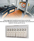 Image of 8 Gang Marine Rocker Switch Panel with Overload Protector for boat car RV UTV, shown installed on a nautical control panel.