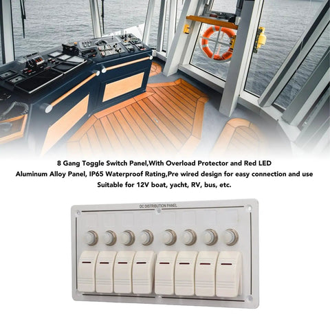 Image of 8 Gang Marine Rocker Switch Panel with Overload Protector for boat car RV UTV, shown installed on a nautical control panel.