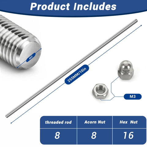 Heavy Duty M3 Threaded Rods Cutting 10 Inches In 304 Stainless Steel featuring fully threaded cores, 8 rods and nuts included.