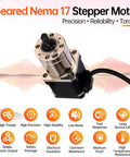 Geared Nema 17 Stepper Motor With Integrated Planetary Gearbox on display with features like high torque and reliability highlighted.