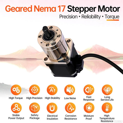 Geared Nema 17 Stepper Motor With Integrated Planetary Gearbox on display with features like high torque and reliability highlighted.