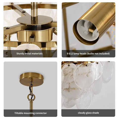 Details of 23 Inch 9 Light Gold Glass Chandelier 3 Tier Round Crystal Pendant Light with cloudy glass shades and tilt mounting.