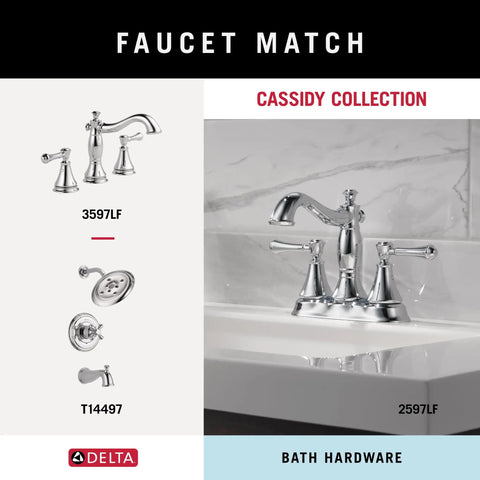 Double Towel Hook In Polished Chrome For Bathroom Or Kitchen, Durable Zinc Construction With Corrosion Resistant Finish, Easy Mount Wall Accessory, Heavy Duty Towel Holder For Everyday Use; Cassidy faucet collection displayed above white countertop.