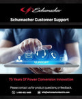 Person accessing Schumacher customer support on tablet with icons for email, chat, and call.