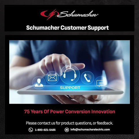 Person accessing Schumacher customer support on tablet with icons for email, chat, and call.