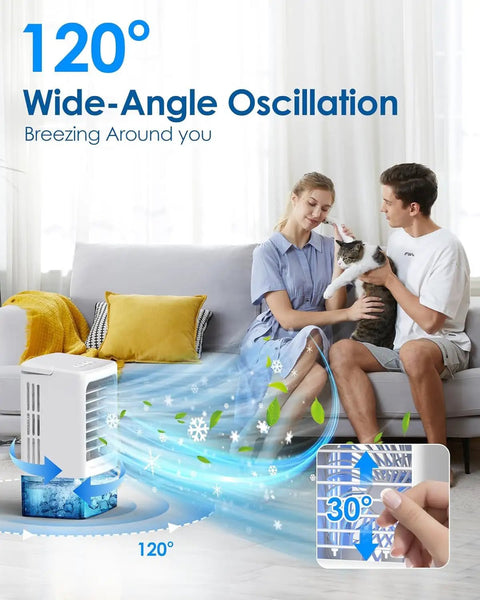 4 In 1 Portable Air Conditioner Unit With Humidifier And LED Night Light in living room with oscillating breeze