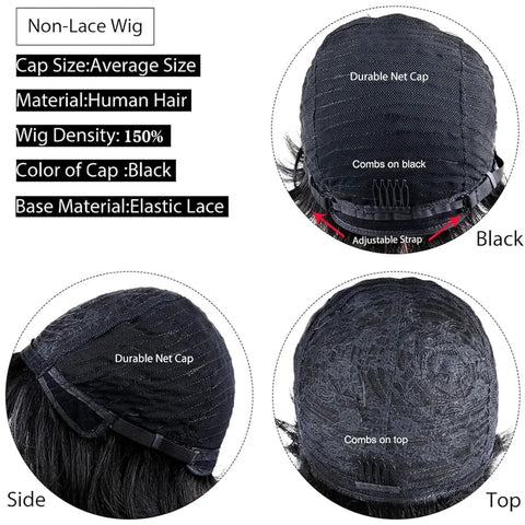 Short Pixie Cut Wig for Black Women With Bangs, Layered Virgin Human Hair, Side Part, Glueless Wear-and-Go, Full Machine-Made Wig, Effortless Chic Style, Tangle-Free and Soft, black average-size cap with adjustable strap and combs