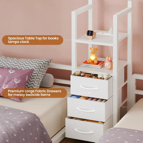 White bedside storage with drawers and table top, part of Triple Bunk Bed Space-Saving With House Shape For Kids