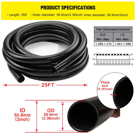 2 Inch Flexible Black PVC Pipe 25 Ft Pool Hose for Spa Tubing Koi Ponds And Water Gardens With 2 Stainless Steel Clamps