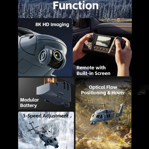 Military Style RC Helicopter With 8K Camera And Built In Screen Remote, showcasing features like optical flow hover and modular battery.