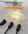 LED lighted triple outlet of Heavy Duty Retractable Power Cord Reel 50ft 12AWG 3C SJTOW Cable with three plugs connected