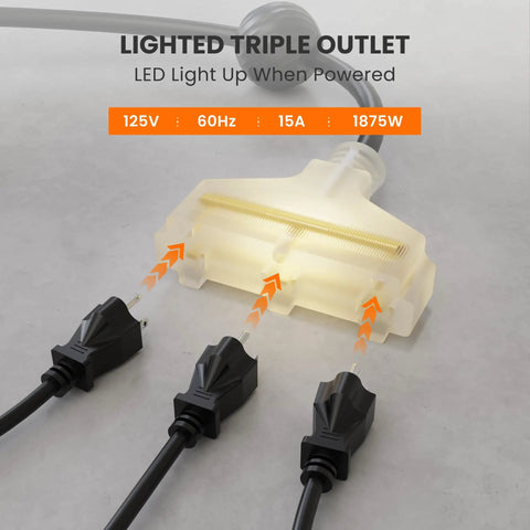 LED lighted triple outlet of Heavy Duty Retractable Power Cord Reel 50ft 12AWG 3C SJTOW Cable with three plugs connected