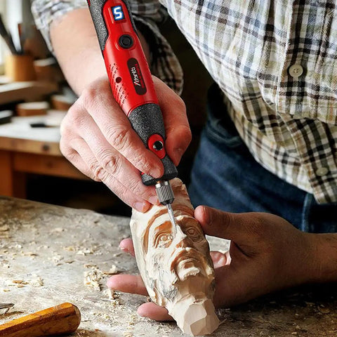 Plug In Corded Rotary Tool Kit With Electric Detail Sander And Tiny Grinder Pen For Precision Woodworking Metal Finishing And DIY Repairs No Battery Noise Free Power For Long Sessions carving a wooden face