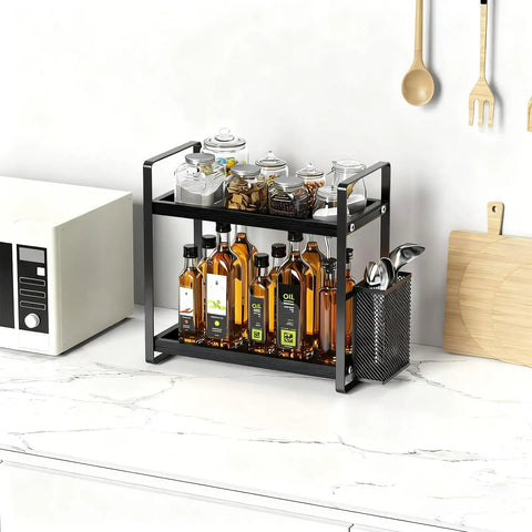 Coffee Station Organizer For Counter With Two Tier Wood Shelves And Three Compartment Pod Storage For Coffee Pods Sugar Tea Bags And Instant Coffee Sleek Black Kitchen Counter Rack For Your Go To Coffee Bar Setup