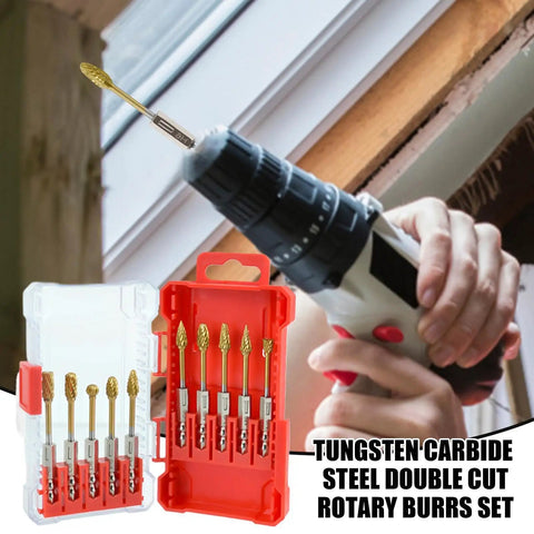 Top Shelf Tungsten Carbide Rotary Burrs With Kickin Cutting Speed And Quarter Inch Hex Shank in red and clear case for metal wood grinding.