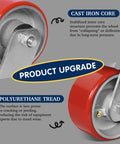 Heavy Duty Casters Set Of 4 Featuring Rock Solid Polyurethane Wheels And Cast Iron Cores For A Bump Free Roll close-up of red polyurethane tread and cast iron core.