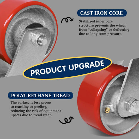 Heavy Duty Casters Set Of 4 Featuring Rock Solid Polyurethane Wheels And Cast Iron Cores For A Bump Free Roll close-up of red polyurethane tread and cast iron core.