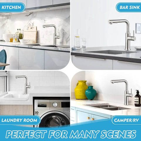 Kitchen Faucets With Pull Down Sprayer And Magnetic Docking In Brushed Nickel For Bar Sinks And RV Installations in various settings