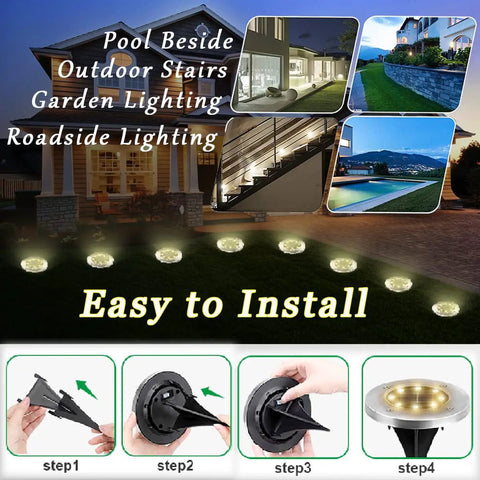 Outdoor Solar Ground Lights 12 Pack Waterproof Landscape Pathway Lighting For Yard Garden Lawn Patio Walkways Bright 8 LED Disk Lights For Easy Install And Enchanting Night Illumination Along Paths image showing installation steps and usage areas.