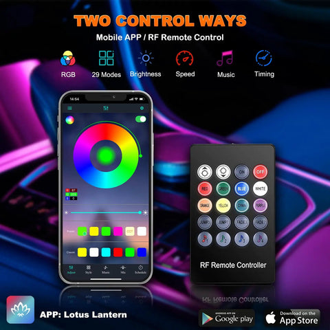 Lit Interior Car LED Strip Lights With Wireless App And Remote Control display showing RGB settings and remote control options.