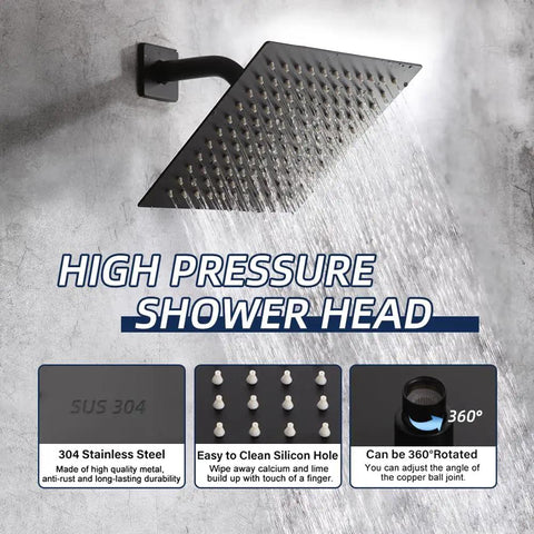 Matte Black Shower Faucet Set With Tub Spout And Rainfall 8 Inch Shower Head System Handheld Single Handle Trim Kit With Valve All Solid Brass Construction Zero Plastic Built To Last Modern Bath Upgrade showing 8 inch high pressure shower head with water flow.