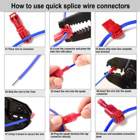 Step-by-step guide using T Tap Wire Connectors Kit For Car Audio And Speaker Wiring, Quick Splice Self Stripping Terminals.