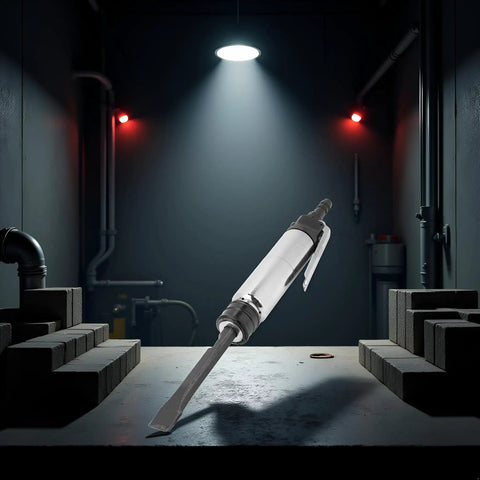 Heavy Duty Pneumatic Air Chisel And Industrial Hammer Tool Rips Clean Through Weld Slag concrete breakup on workshop table.