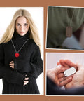 Woman with necklace and tags holding keychain. 10 Pack Aluminum Engraving Blanks Tags Round Metal Stamping Blanks With One Hole For DIY Personalized Pet Tags And Keychains Lake Blue Size Two Point Five Centimeters One Millimeter Thick Durable Aluminum For Crafts Jewelry Making And Custom ID Tags.