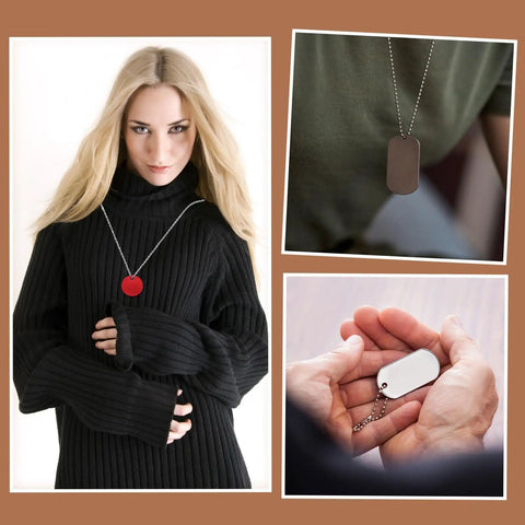 Woman with necklace and tags holding keychain. 10 Pack Aluminum Engraving Blanks Tags Round Metal Stamping Blanks With One Hole For DIY Personalized Pet Tags And Keychains Lake Blue Size Two Point Five Centimeters One Millimeter Thick Durable Aluminum For Crafts Jewelry Making And Custom ID Tags.