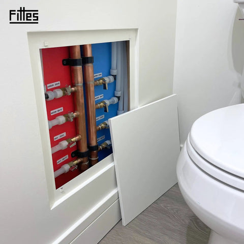Seamless Flush Access Panel Cover Solid Steel 12 By 12 Inch White Paintable Wall Concealment Door showing hidden plumbing access.