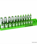 1/4 Inch Drive SAE Socket Organizer with dual rails and labeled posts for 1/8 to 5/8 inch sockets, shown empty