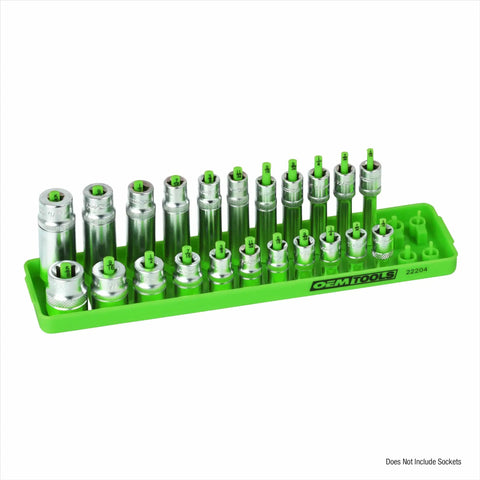 1/4 Inch Drive SAE Socket Organizer with dual rails and labeled posts for 1/8 to 5/8 inch sockets, shown empty