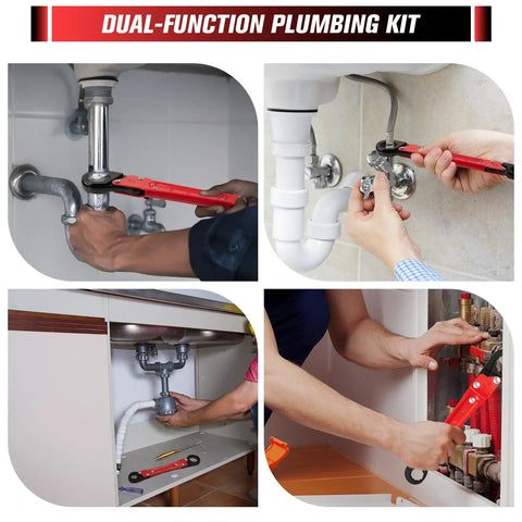 Top Shelf Plumbing Repair Kit Featuring Angle Stop Wrench And Compression Sleeve Puller For No Sweat Faucet Upgrades And Fast Pipe Maintenance Around The House in use for plumbing tasks.