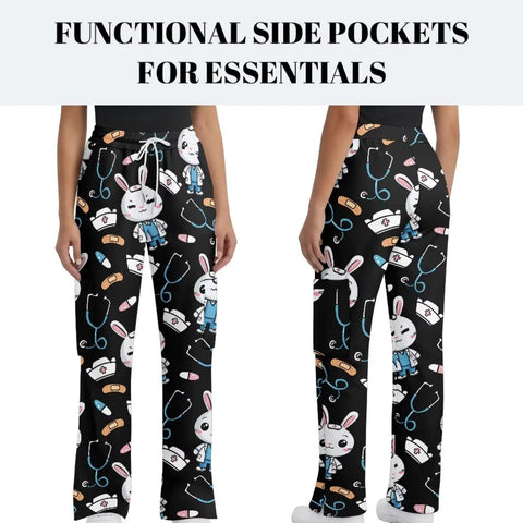 Plus Size Printed Nurse Scrub Pants For Women with cartoon pattern and multiple pockets, front and back view