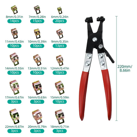 Top Notch 137 Piece Spring Hose Clamps Assortment Kit With Heavy Duty Pliers Covers 7 To 22mm Sizes, clamp set and red-handled pliers